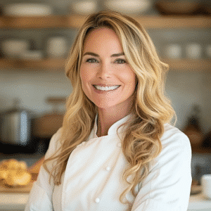 Molly Harrington smiling in a bright kitchen, wearing a professional white pastry chef uniform