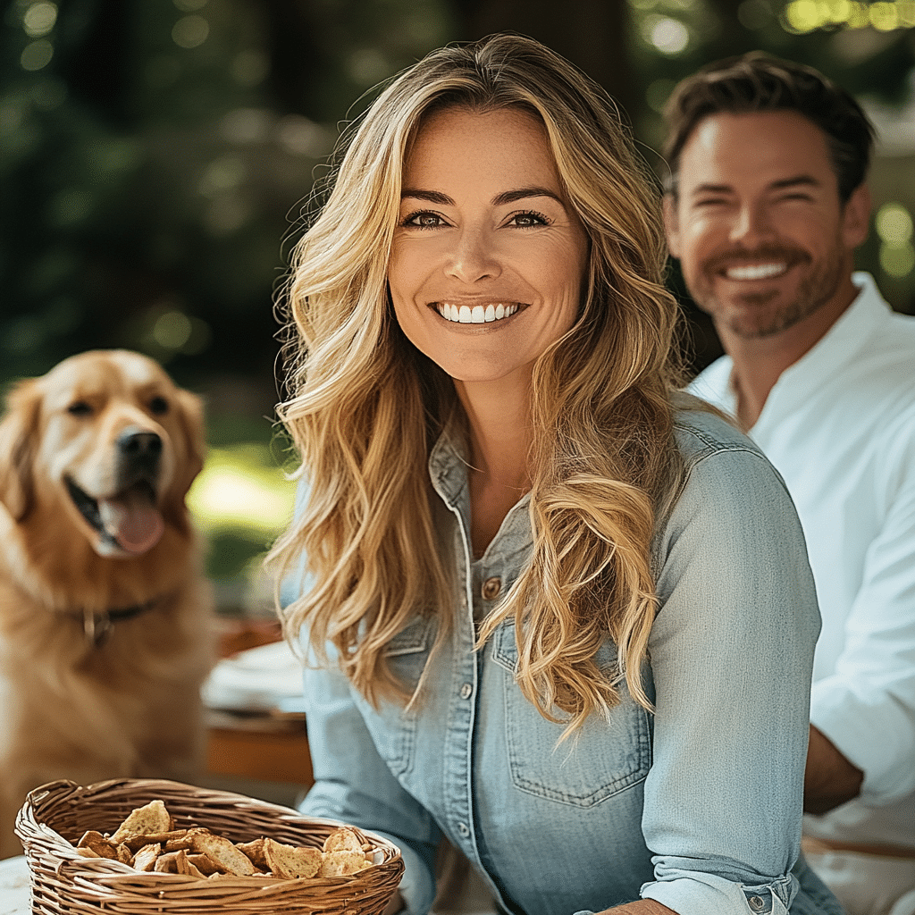 About me Molly Harrington smiling with her partner and golden retriever in a backyard setting