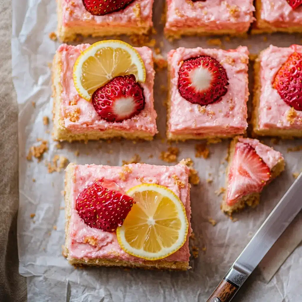 Best Strawberry Lemonade Bars Recipe (Tangy, Sweet & Easy) strawberry lemonade bars Sliced strawberry lemonade bars with clean edges on parchment
