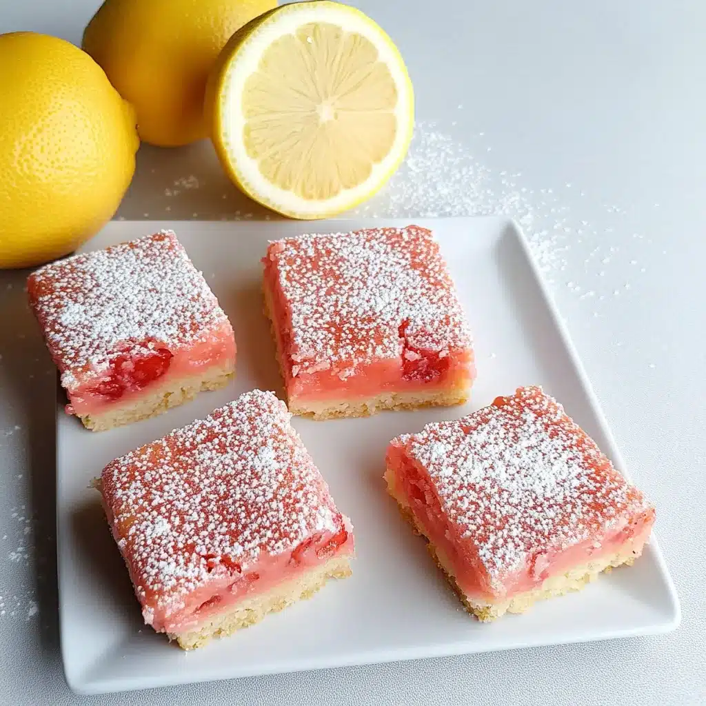 Best Strawberry Lemonade Bars Recipe (Tangy, Sweet & Easy) strawberry lemonade bars Strawberry lemonade bars with powdered sugar on a white plate
