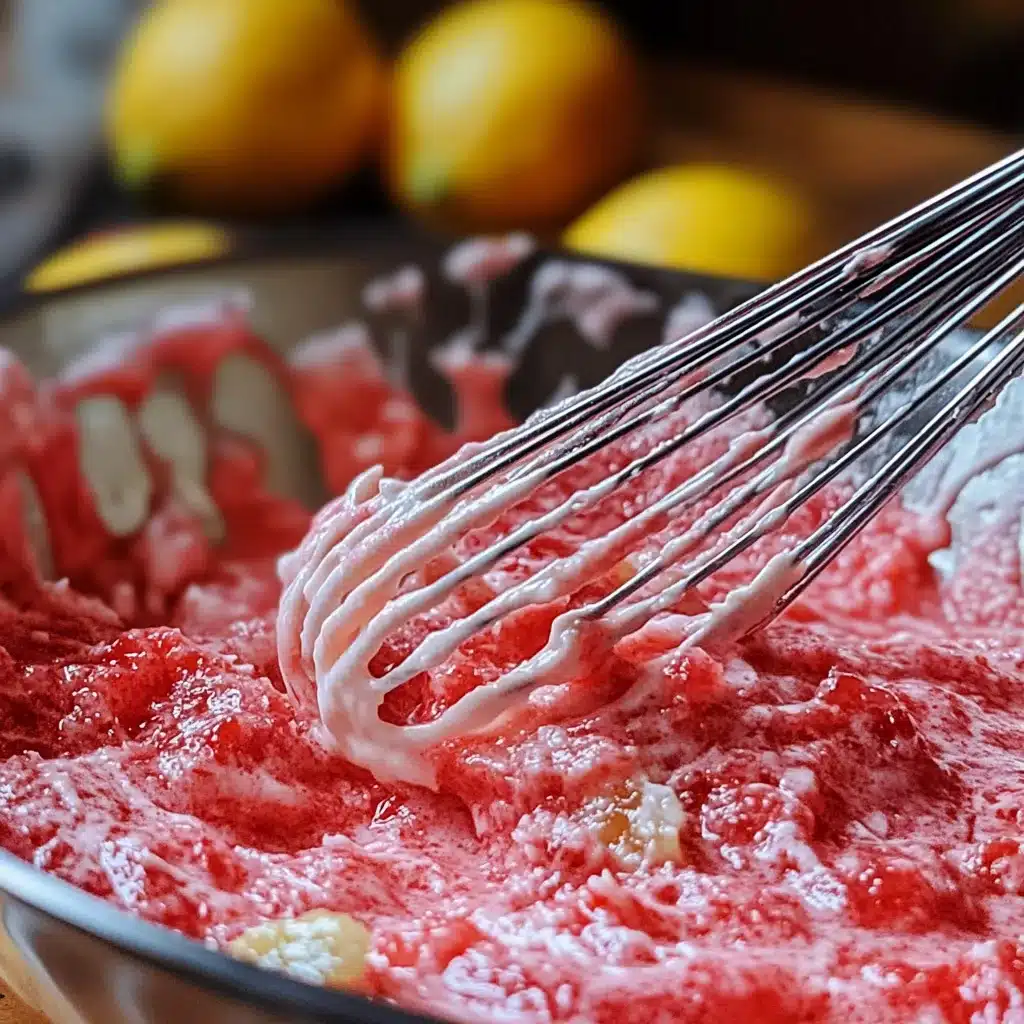 Best Strawberry Lemonade Bars Recipe (Tangy, Sweet & Easy) strawberry lemonade bars Strawberry lemon filling being mixed in a bowl